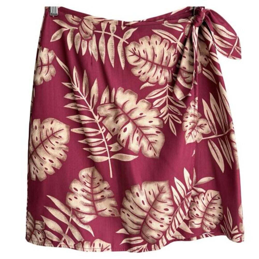 IZOD 100% Silk Wrap Style Skirt Red Tan Tropical Leaf Hawaiian Resortwear Size 6
